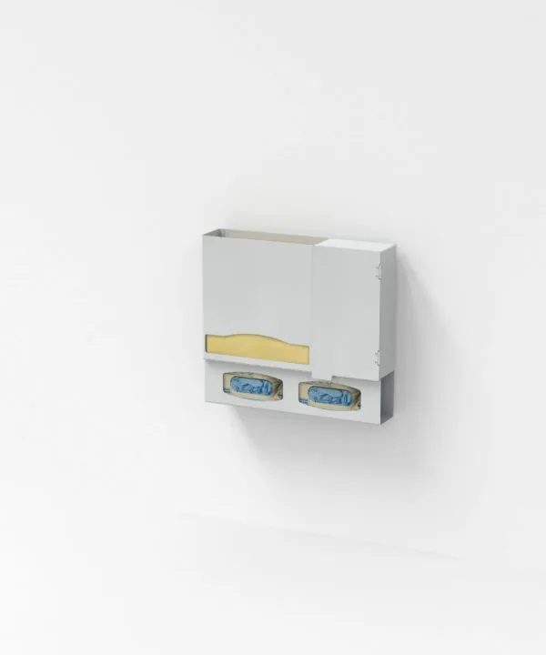 White wall-mounted organizer with yellow item in upper slot and two blue compartments below