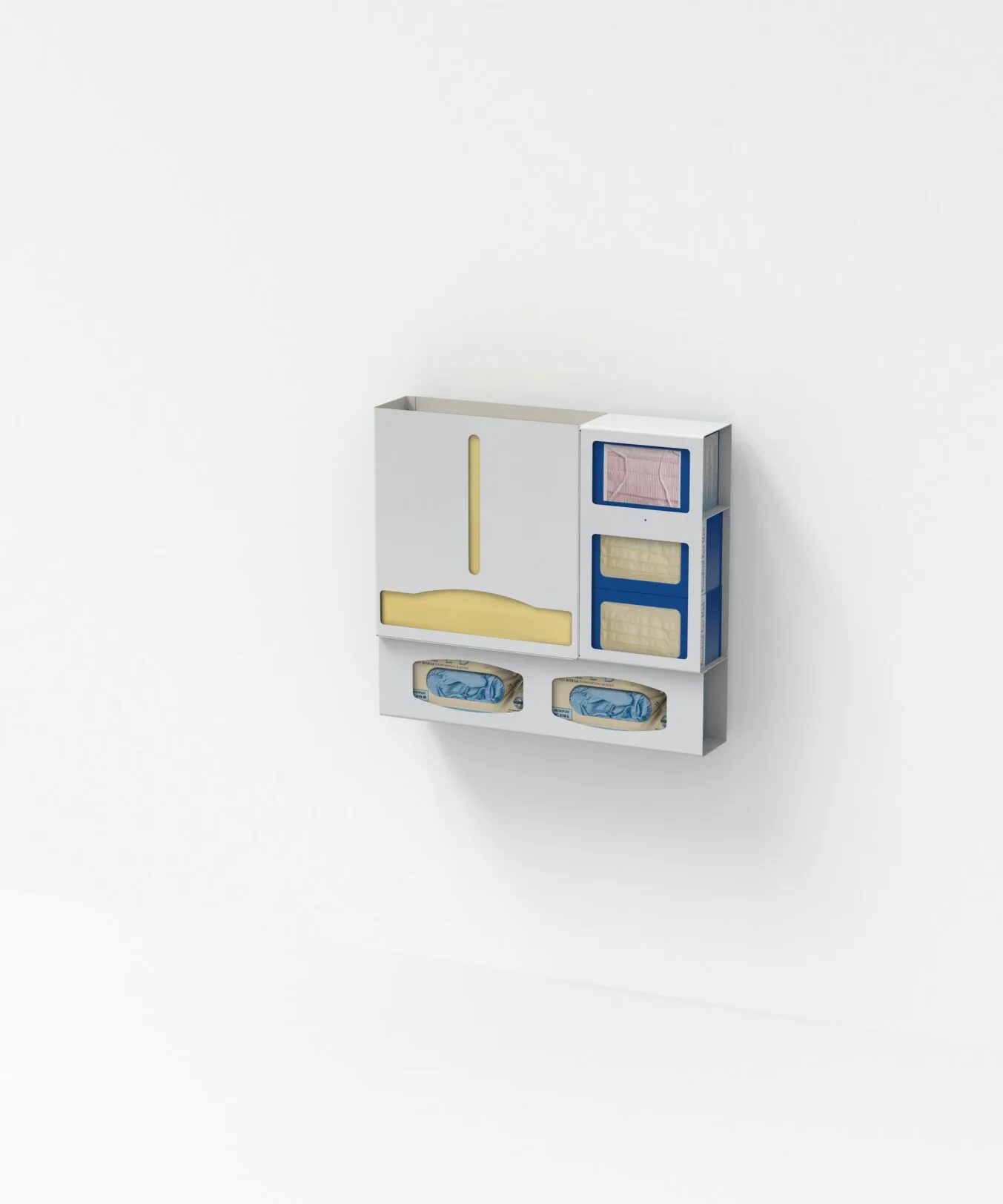White wall-mounted organizer with compartments containing yellow and blue items, labeled drawers, and mesh pockets