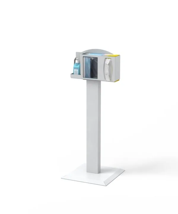 Pedestal stand with gray housing unit holding sanitizer dispenser and paper towel compartment