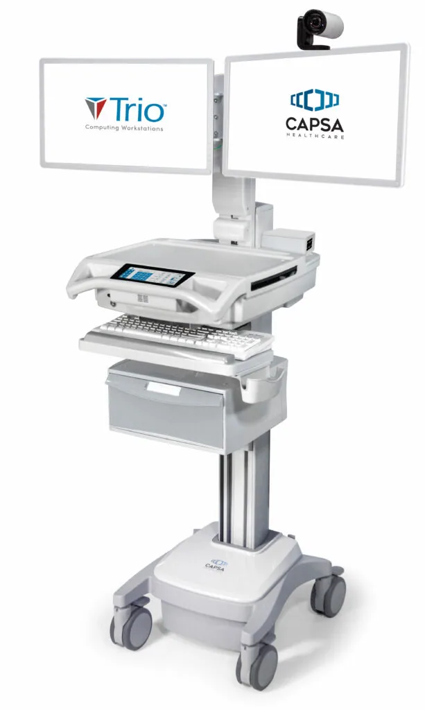 Mobile medical workstation with dual monitors, keyboard, and overhead camera mounted on wheeled stand