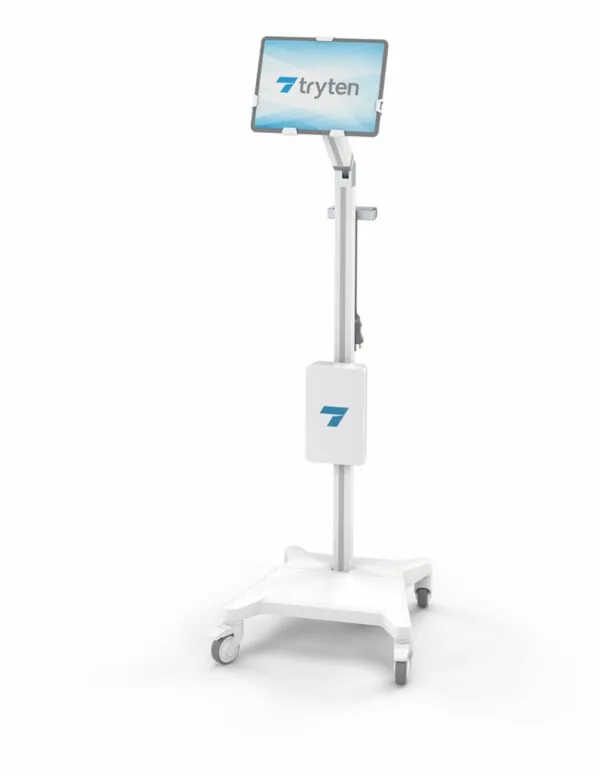 White mobile cart with adjustable height pole and tablet holder displaying tryten branding