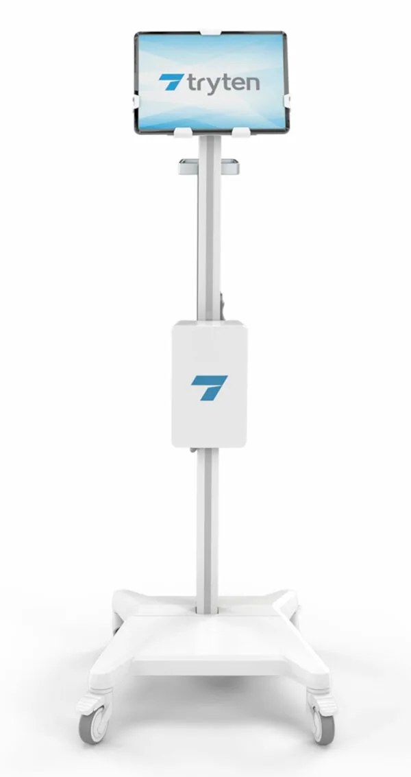Mobile tablet stand with white base, adjustable height pole, and tablet holder displaying Tryten branding
