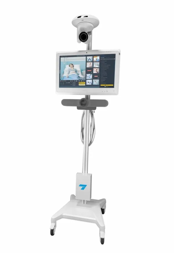 Medical cart with overhead camera mounted on white stand displaying patient imaging software on monitor
